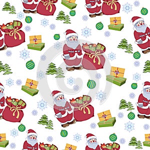 New Year pattern with Santa, gifts, Christmas balls on a white background. Vector illustration.
